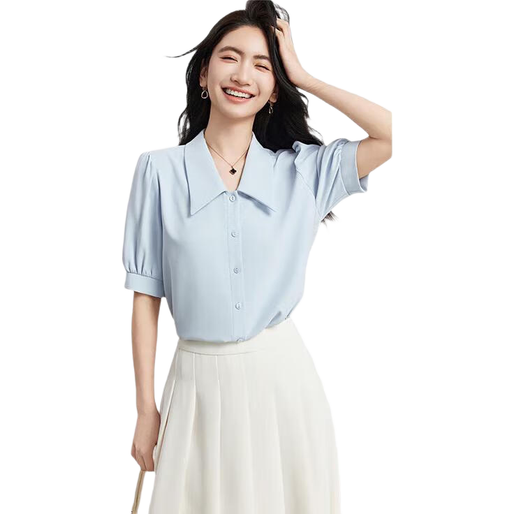 Bodexiaojie Women's Short-Sleeve Blouse, Summer Office Wear, Petite Inner Layer Top, Professional Formal Chiffon Shirt