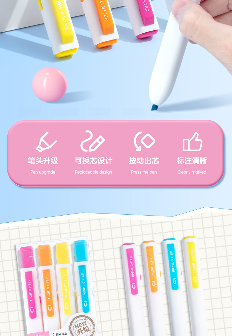 M&G Stationery Benwei 5-Color Retractable Highlighter with Large Angle Clip Exam Review Key Marker Pastel Sea Salt Journal Pen AHM27305 2