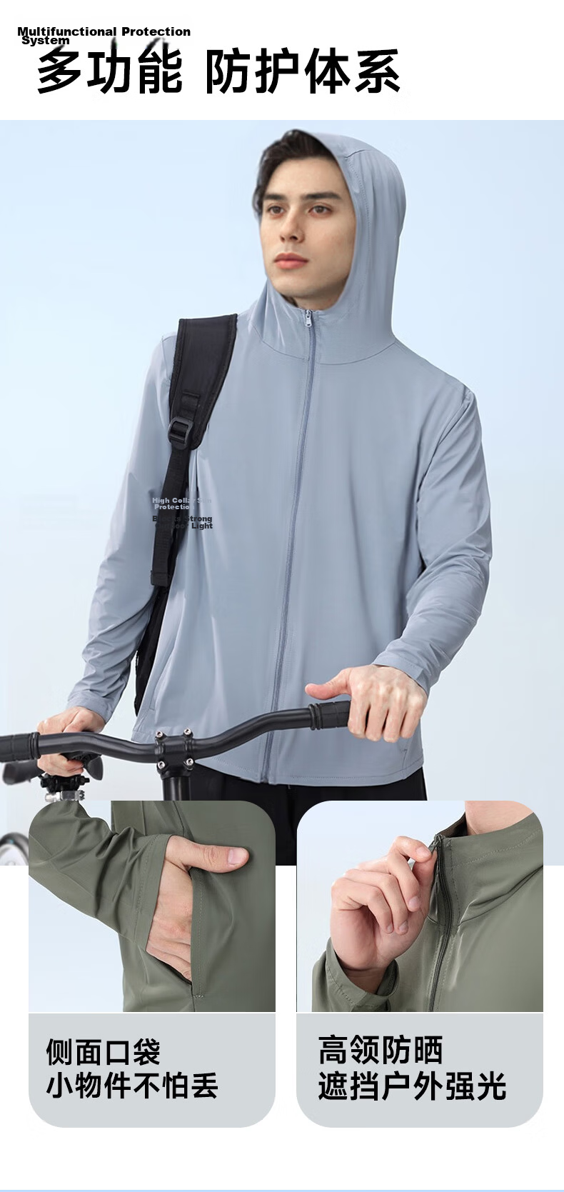 GLO-STORY Summer Men's Sunscreen Jacket Unisex Ice Silk UV Protection Coat with Mask Gray 3