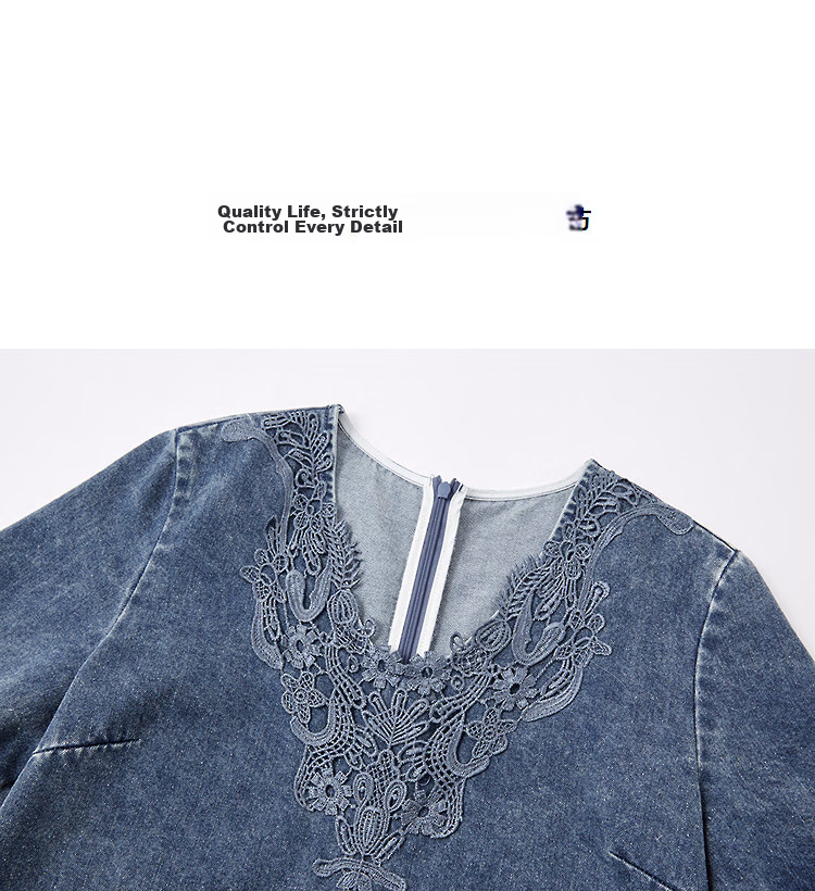 Demana [Denim Cloud Cotton] Spring Design Lace Patchwork Round Neck Petite Loose Women's Denim Dress 12