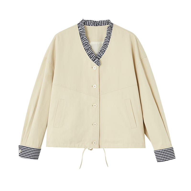 Demana [Pure Cotton Weave] Spring Simple Style V-Neck Plaid Patchwork Drawstring Hem Loose Petite Women's Jacket