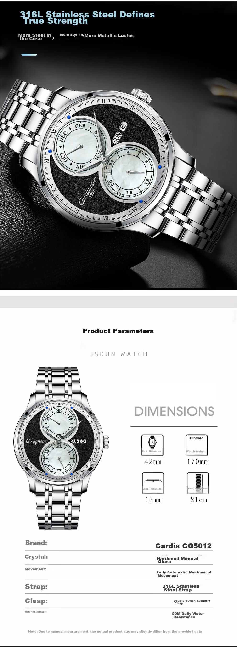 CARDIMSIR Men's Mechanical Watch Fully Automatic Ultra-thin Dual Calendar Waterproof Luminous Steel Band Top Ten Famous Watches Gift for Husband 3