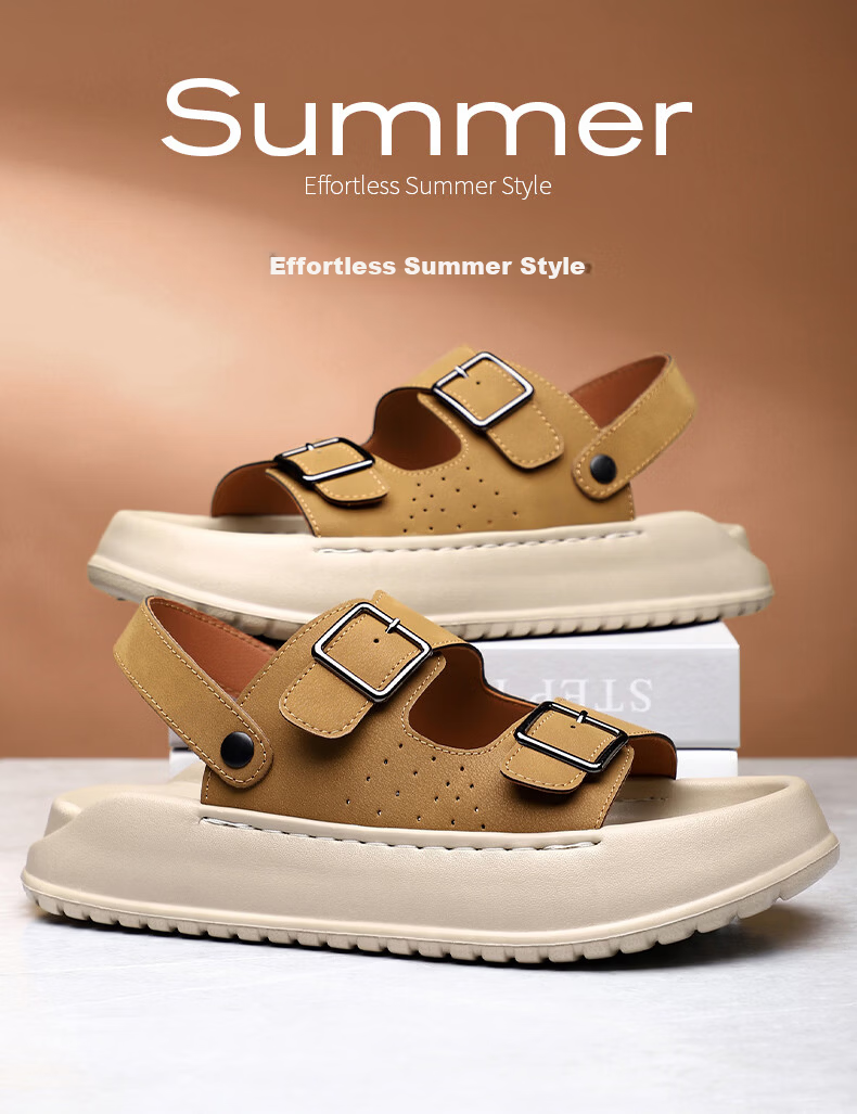 MEXICAN Spring Summer New Men's Leather Sandals Beach Shoes Dual-Wear Slippers Breathable Black Size 39 3