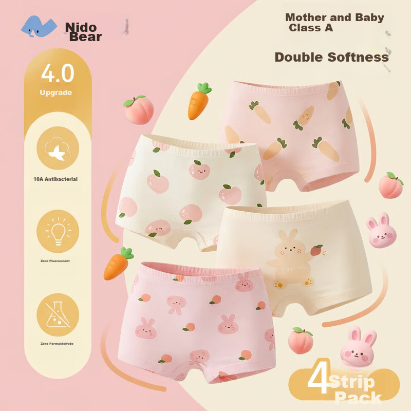 Nido Bear Girls' Antibacterial Cotton Boxer Briefs 10A Toddler Kids Four-Point Underwear Comfortable Non-Chafing