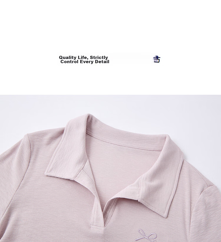 Demana [Comfort Cloud Cotton] Summer Simple Style Lapel Elastic Side Seam Bow Embroidery Slim Fit T-Shirt for Petite Women 10