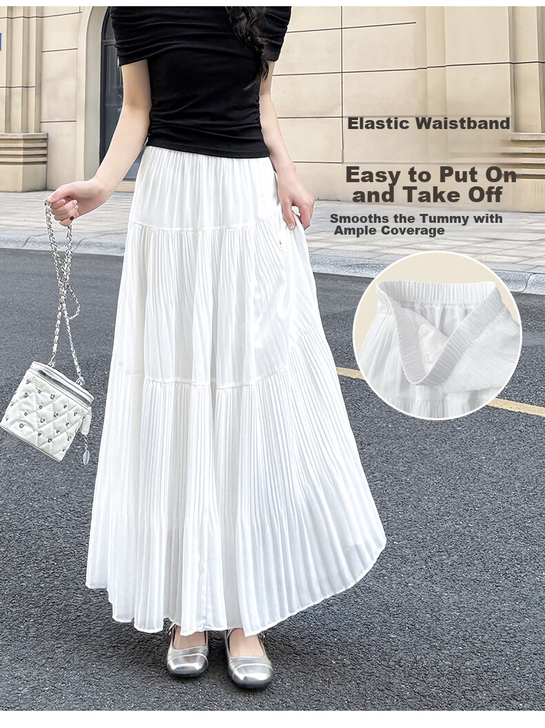 Langsha Pleated Mesh Midi Skirt for Women Spring Summer Draped Chiffon Cake Skirt High Waist Slim A-Line Flared Skirt 12