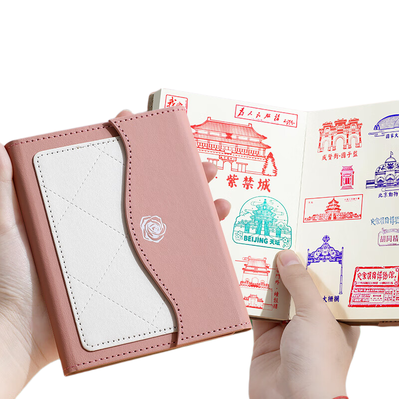 Faramon Travel Stamp Collection Notebook A5, Handbag Stamp Book, Museum Stamp Collection Album, Travel Record Blank Notebook, Check-In Journal, Scenic Spot Visit Book, Pink