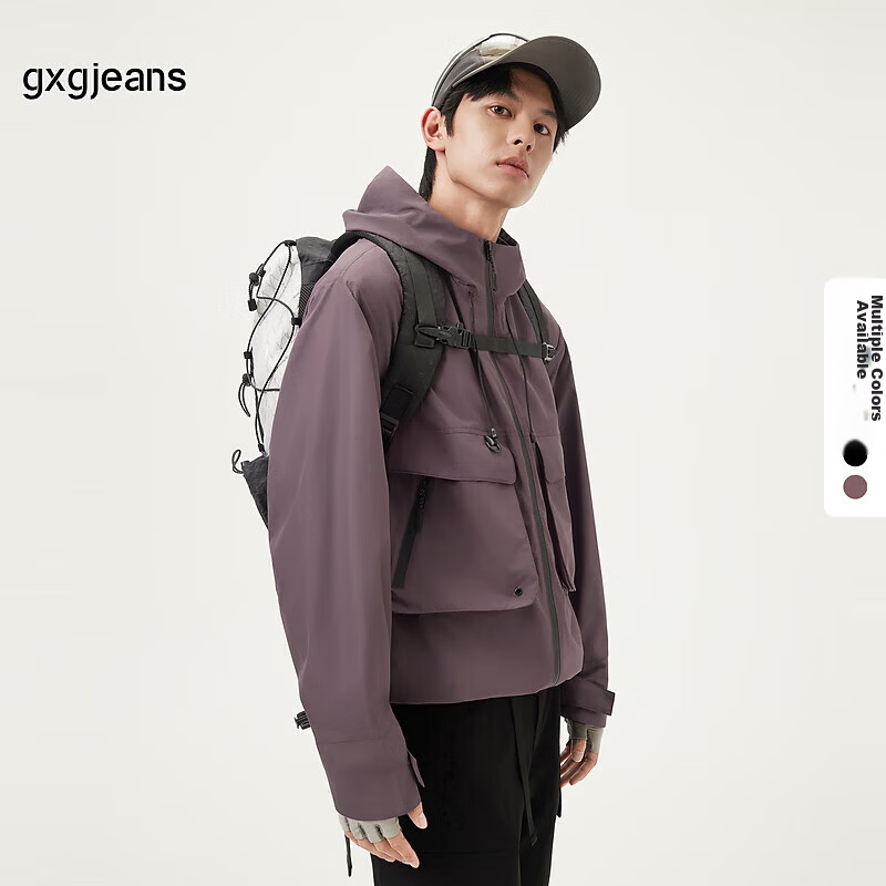 Gxgjeans Men's Workwear Multi-Pocket Casual Hooded Jacket Spring 2025 New Purple 185/XXL