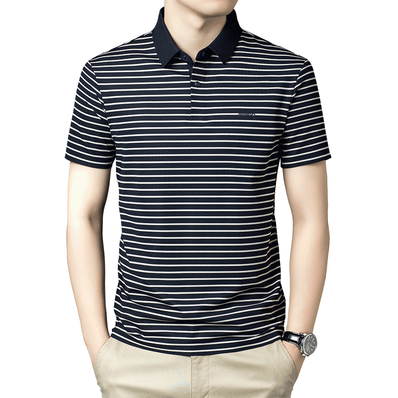 Edenbo Men's Short Sleeve Polo Shirt Spring Summer Striped Skin-Friendly Commuter Top Navy Blue 170/88A (L)