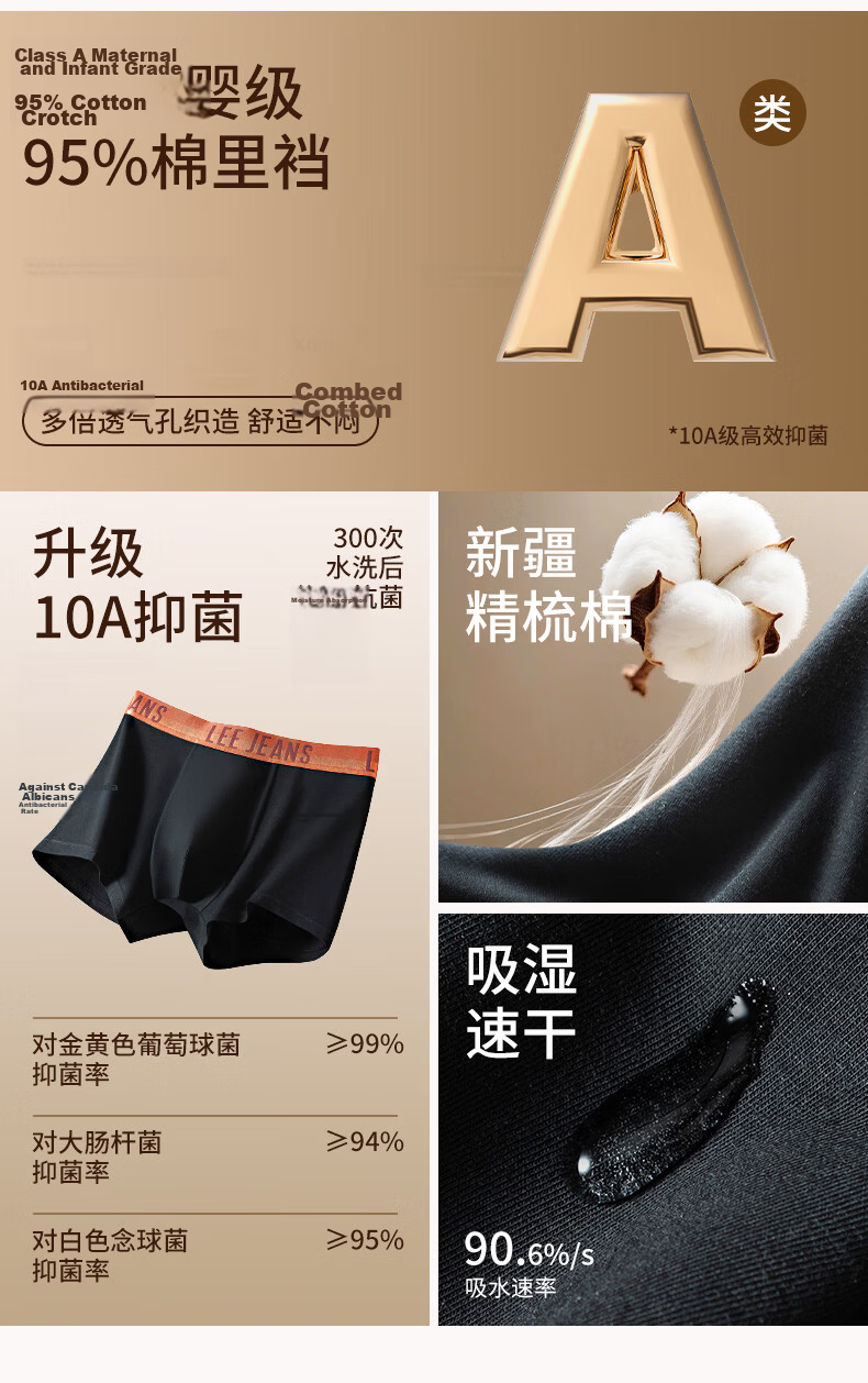 Lee Men's Underwear Xinjiang Cotton Pure Cotton Sweat-Absorbent 10A Antibacterial Summer Deodorant Breathable Plus Size Boxer Shorts 3
