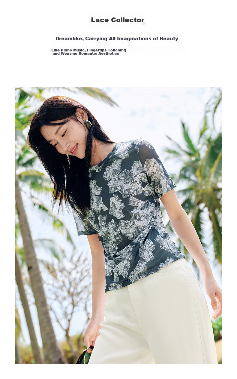 JUZUI AnnaKou Elegant Lace Printed Pleated Round Neck Waist Cinched Tulle Short Sleeve Women's Summer Top Floral Green Gray M 3