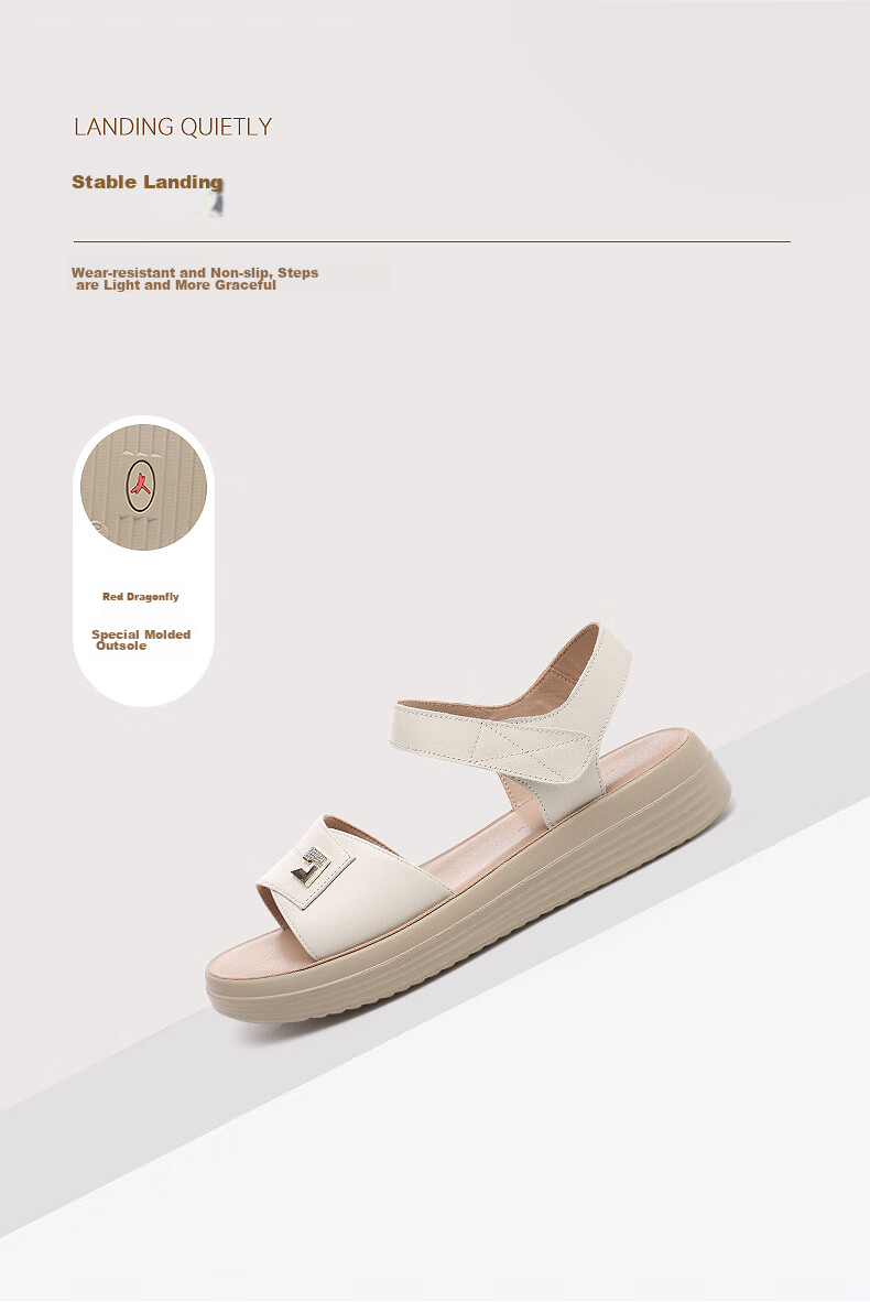 Red Dragonfly Women's Flat Sandals Soft Leather Soft Sole Middle-aged and Elderly Ladies Beach Shoes WTK251522 White Size 38 5