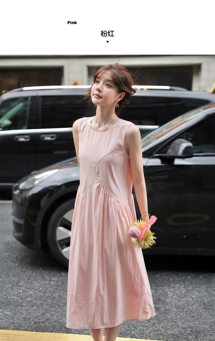 MT Light Oxygen Variations Summer Urban Elegant Round Neck Pleated Splicing Straight Sleeveless Long Dress for Women 8