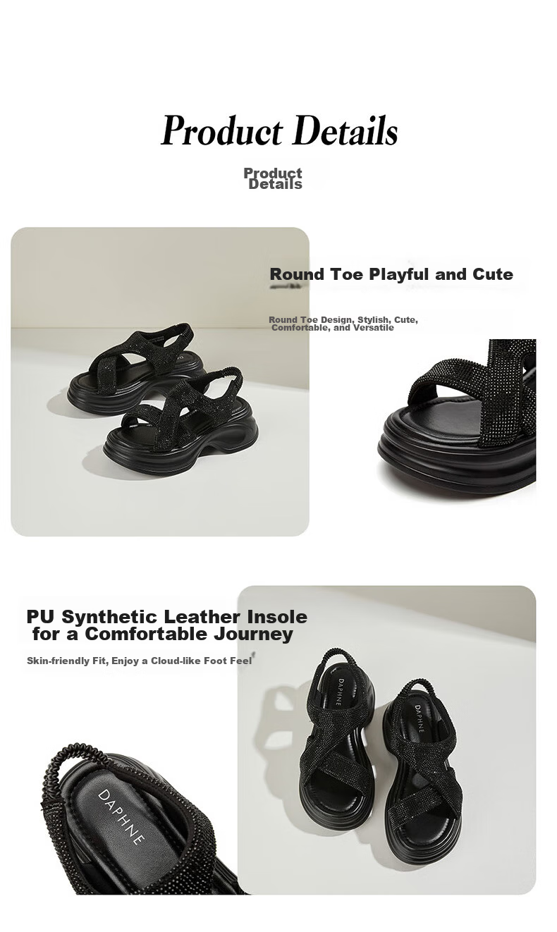 Daphne Women's Sandals Thick Sole Fashion Rhinestone Height Increasing Slim Comfortable Lightweight Beach Shoes Elastic Band Black Size 38 6