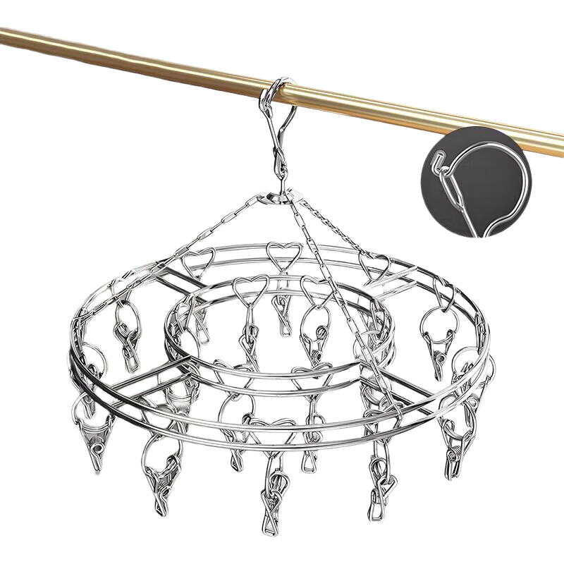 Miaomei Clothes Hanger with Multiple Clips, Windproof Household Round Plate, Extra Thick Stainless Steel Drying Clips, Hooks, Laundry Rack Organizer