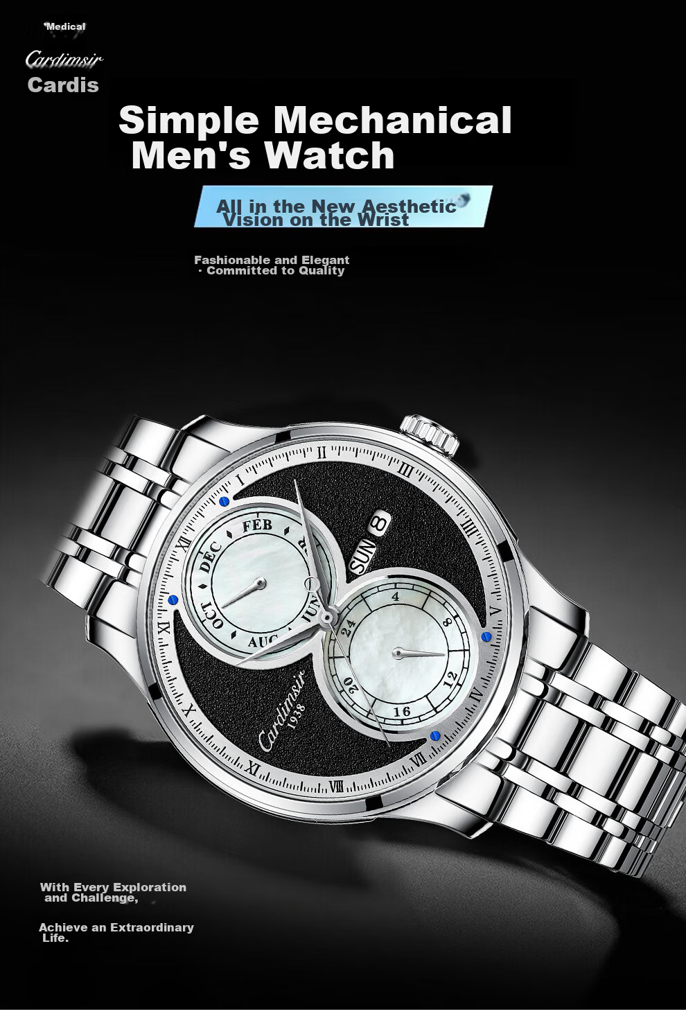 CARDIMSIR Men's Mechanical Watch Fully Automatic Ultra-thin Dual Calendar Waterproof Luminous Steel Band Top Ten Famous Watches Gift for Husband 1