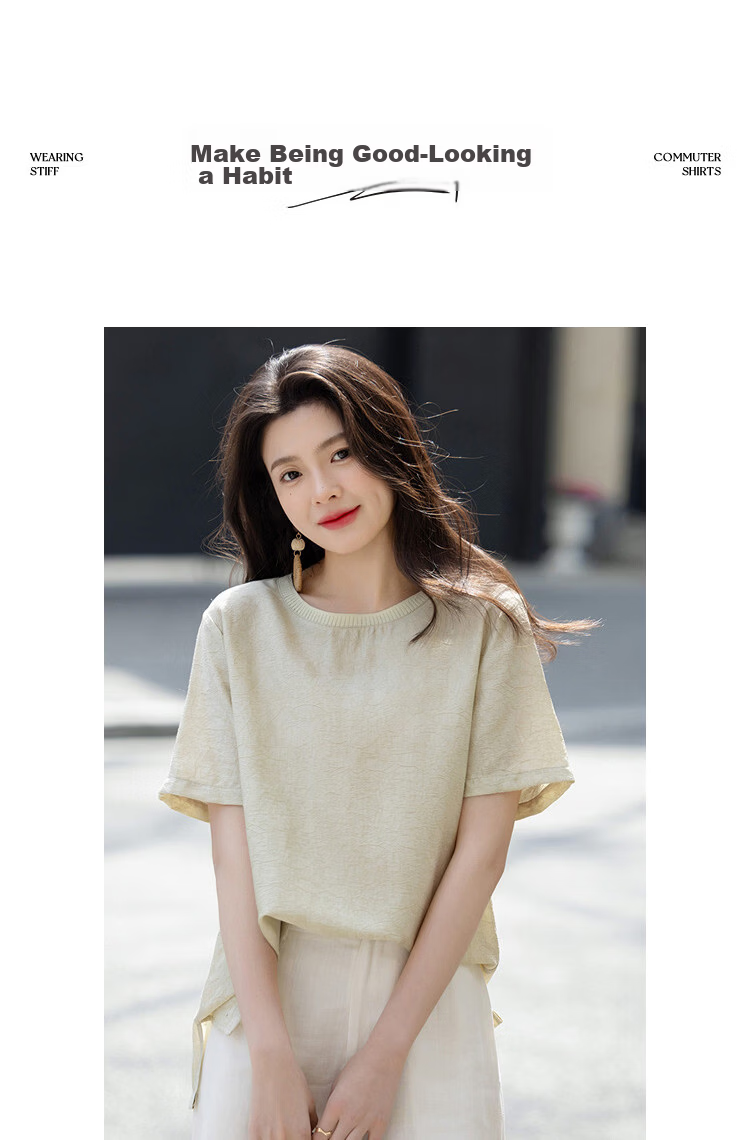 Demana Minimalist Light Summer Simple Knit Textured Round Neck Lightweight Loose Short Sleeve Shirt for Women 10
