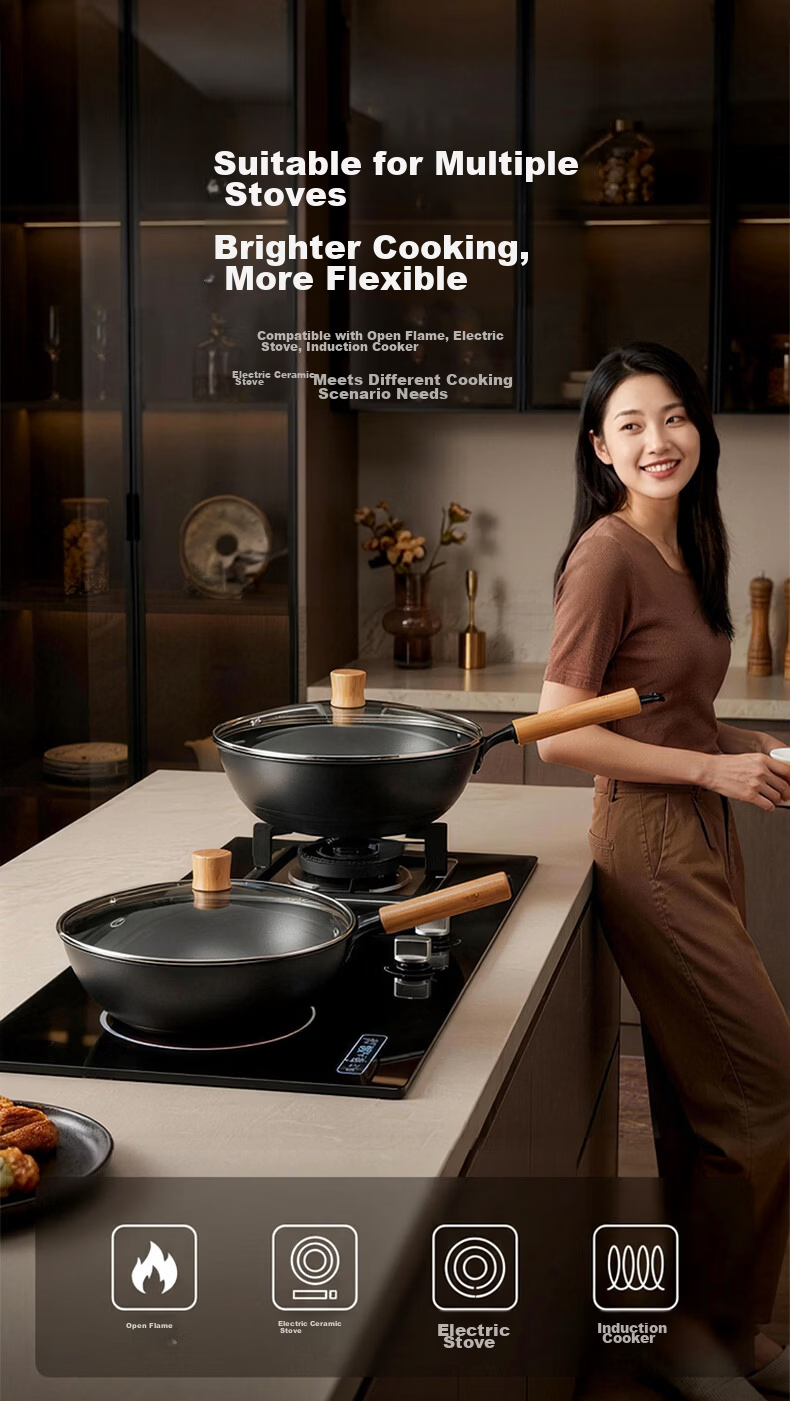 Midea Titanium Flame Non-Stick Iron Wok Stir-Fry Pan No-Coating Household Gas and Induction Cooker Compatible Pan 16