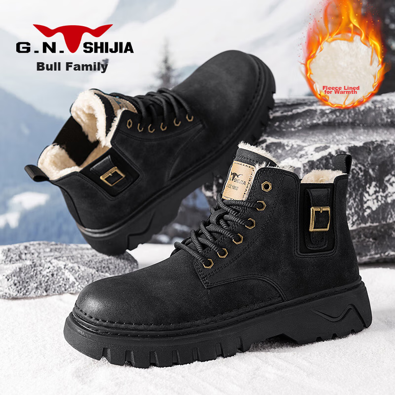 Bull Family Martin Boots Men 2026 Winter New Versatile Yellow Boots Fleece Lined Warm Snow Boots Men's Outdoor Hiking Shoes