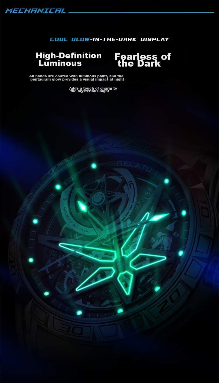GELATU Men's Automatic Skeleton Mechanical Watch Waterproof Luminous Luxury Fashion Trendy Wristwatch 9