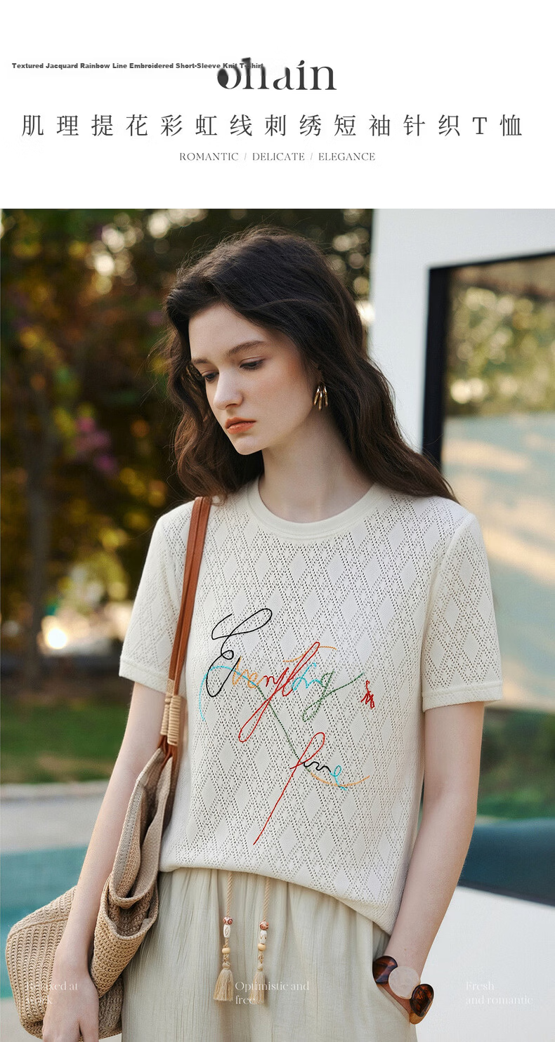 Olrain Summer New Round Neck Textured Hollow Jacquard Embroidered Short Sleeve Knit T-Shirt Women Off-White M 1