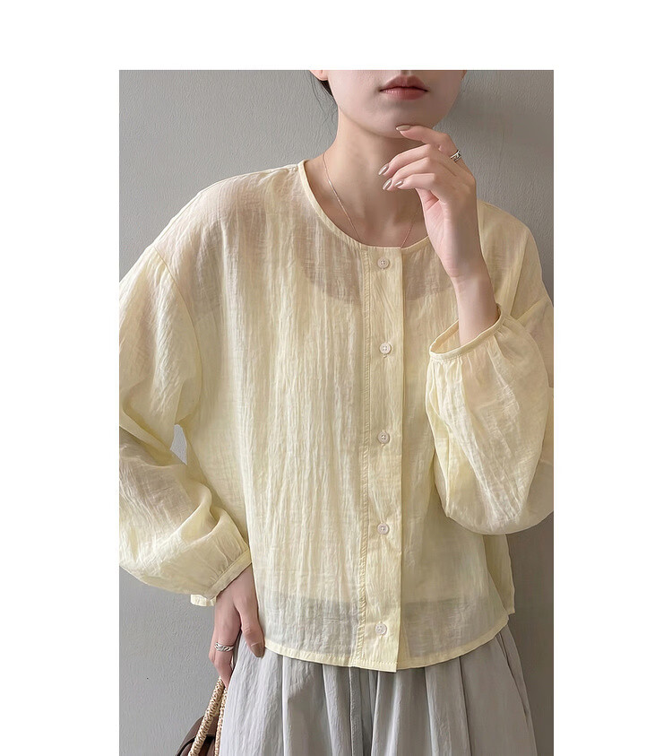 Demana Low Saturation Pastel Series Autumn Simple Style Round Neck Long Sleeve Cardigan Loose Short Petite Women's Shirt 10