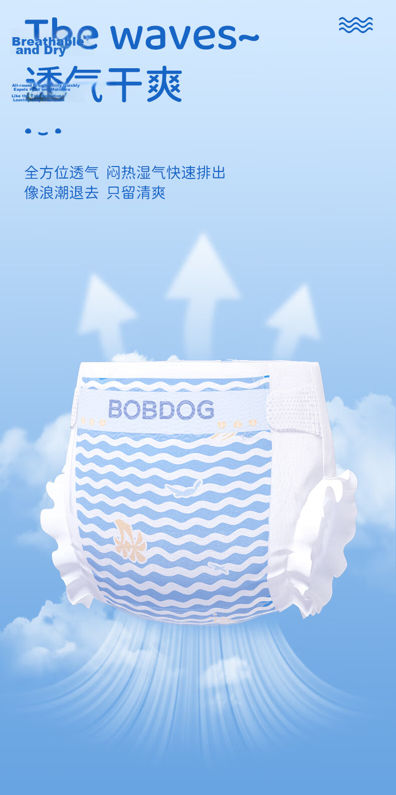 BOBDOG [No Melamine Detected] Small Wave Diapers XXL 60 Pieces Summer Ultra-Thin Baby Diapers Breathable 3
