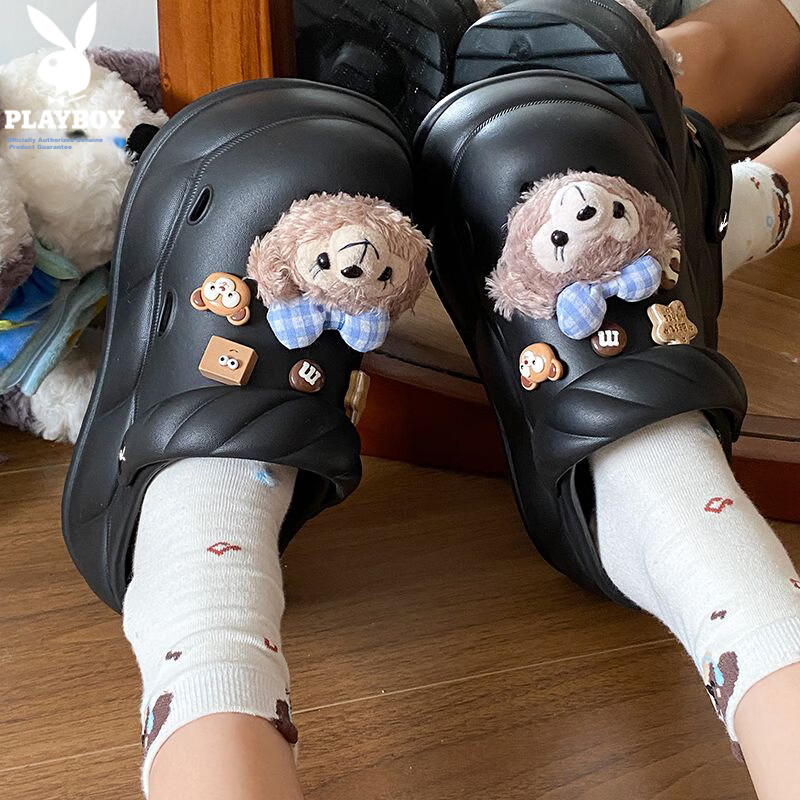 PLAYBOY Women's Sandals 2026 Summer Thick Sole Hollow Shoes Soft Comfortable Dual-Purpose Beach Shoes Black Size 36/37