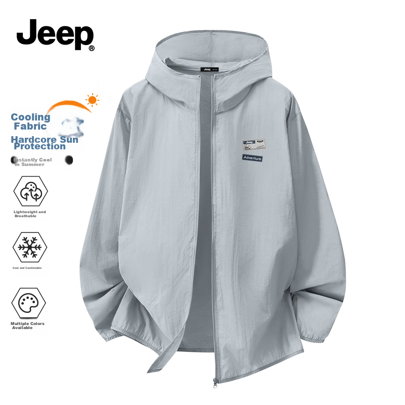 JEEP Men's Summer Outdoor Cycling Hooded Sun Protection Jacket Moisture-Wicking Breathable Quick-Dry Coat Z Light Gray M