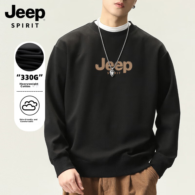 JEEP SPIRIT Men's Crew Neck Sweatshirt Autumn Casual Loose Fashion Versatile Printed Pullover Black XL