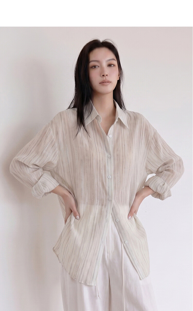 Dme [Lightweight Lyocell] Autumn Lightweight Commuter Striped Textured Lapel Long-Sleeve Loose Draping Women's Shirt for Layering 5
