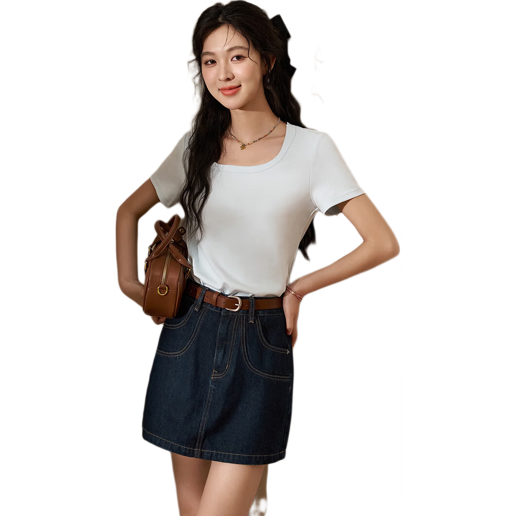 Mishow [] Women's Square Neck Short Sleeve T-Shirt 2026 Spring Summer New High-End Crop Top