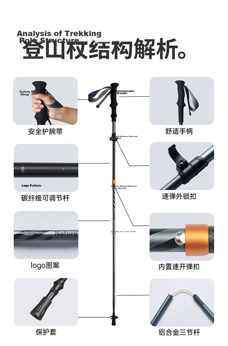 Naturehike Nuoke Changfeng UL Five-Section Carbon-Aluminum Telescopic Folding Hiking Pole Ultra-Light Aluminum Alloy Trekking Stick for Children and Adults 10