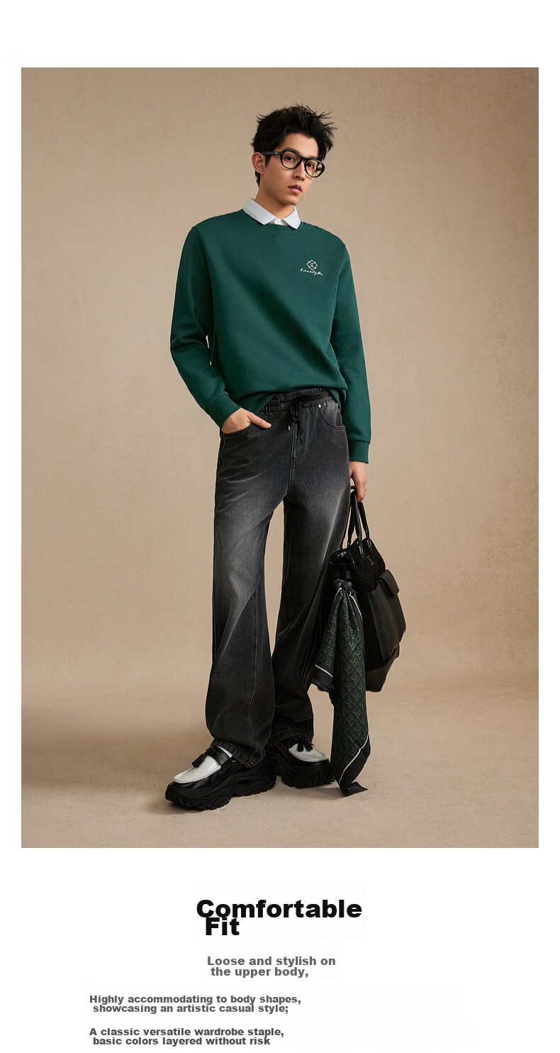 CABBEEN 340G Cotton Sweatshirt Men's Heavy-Duty 3D Multi-Needle High-End Floral Embroidery 2026 Spring Long Sleeve Sweatshirt 4