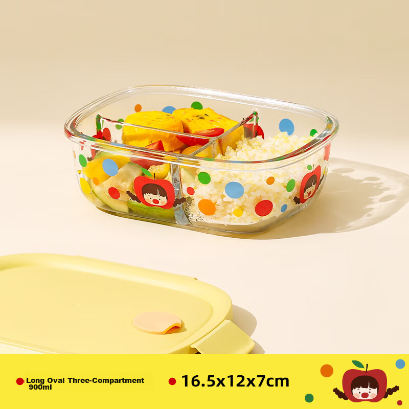Cilock Heat-Resistant Glass Lunch Box for Office Workers, Microwaveable Portable Food Container with Three Compartments, Fruit Storage Fresh-Keeping Box