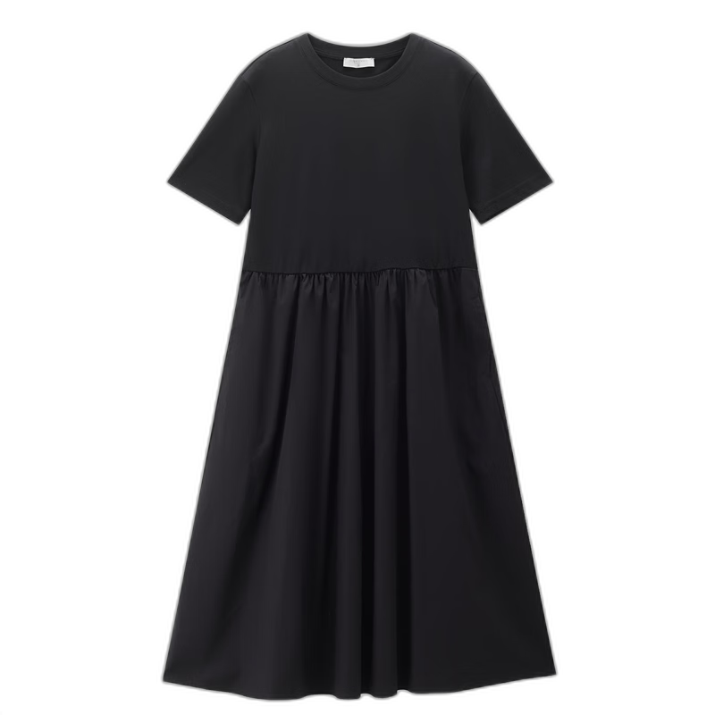 Giordano Women's Short Sleeve Dress Summer New Little Black Dress Spliced Hem Waist Cinched Round Neck Dress 13466297