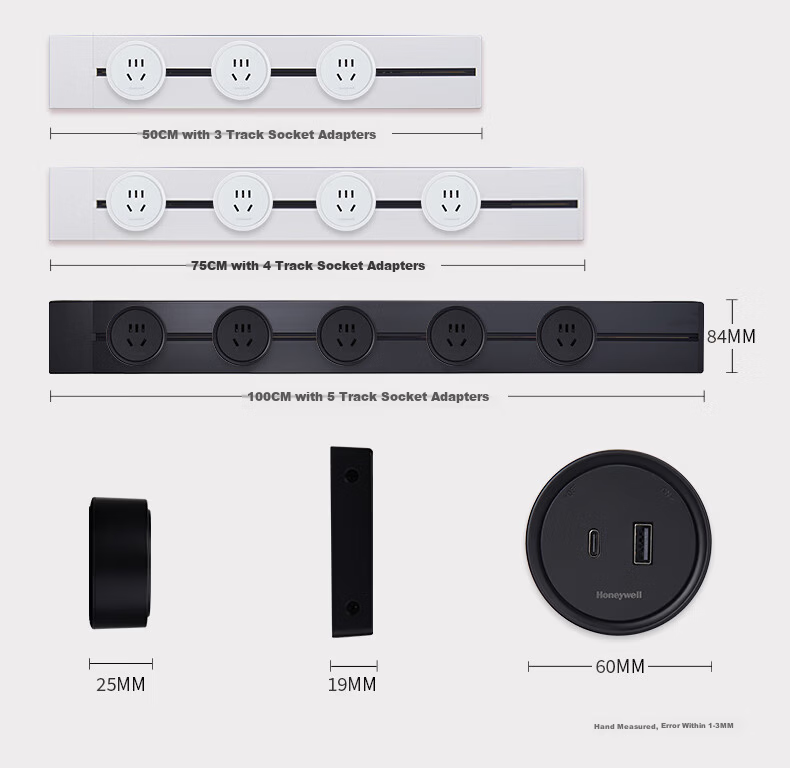 Honeywell Track Socket Sliding Track Power Strip Movable Wall Socket No Drilling LED Light A8pro Black 100cm 10