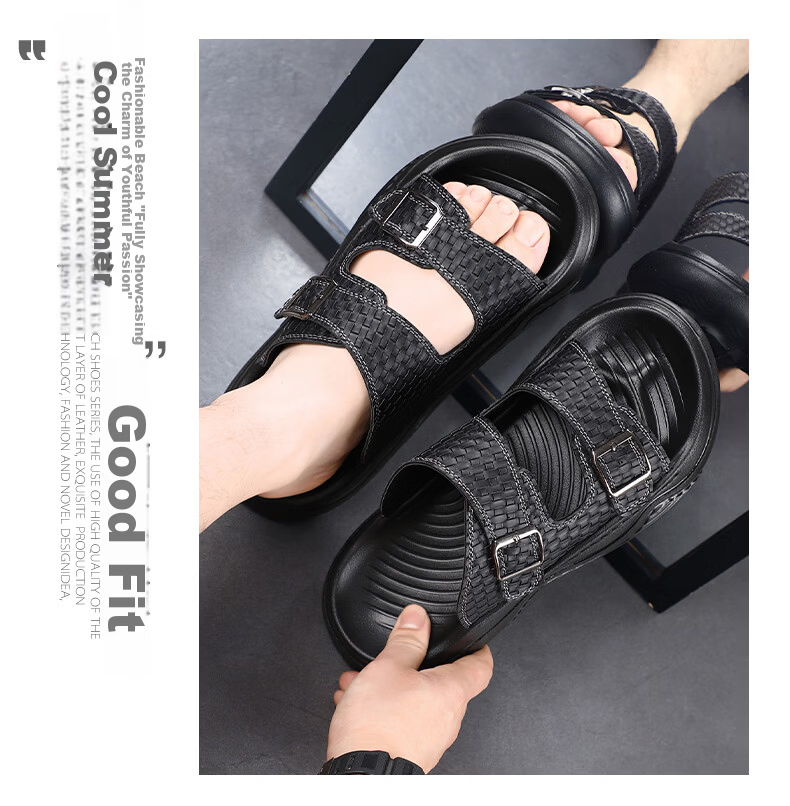MEXICAN Spring Summer New Men's Leather Sandals Breathable Thick Soft Sole Slide Beach Shoes Black Size 44 8