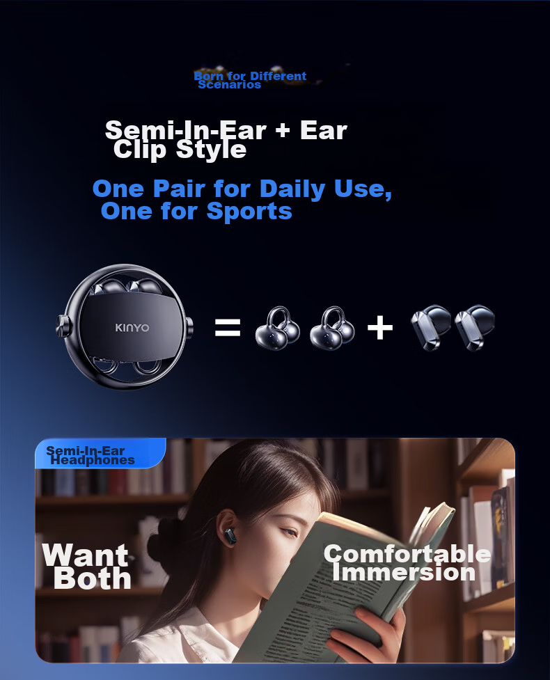 Jinyun [2026 Latest Model | Berlin Sound] Bluetooth Ear Clip Semi-In-Ear Dual Earphones 2-in-1 Ultra-Long Battery Life Comfortable for Long Wear AI Translation A30 7