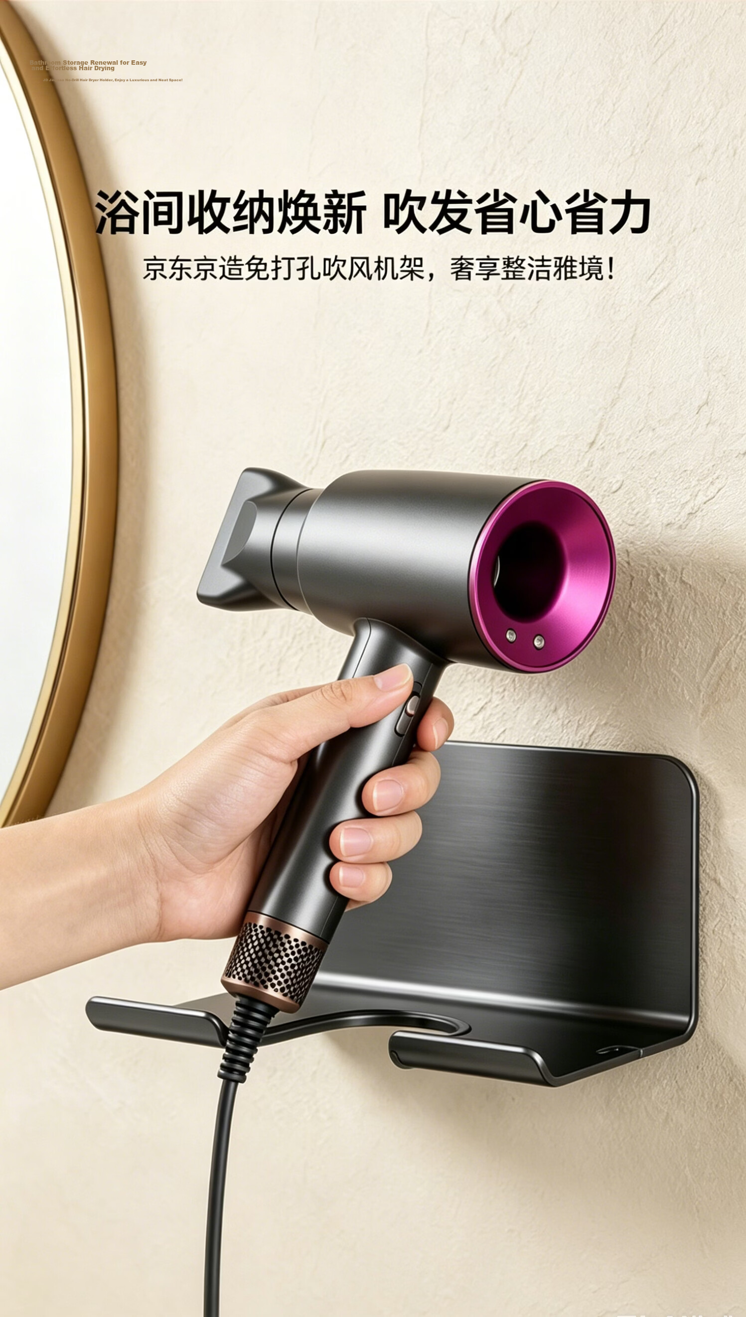 Xinpei Suction Cup Hair Dryer Storage Rack No-Drill Wall-Mounted Hairdryer Holder Bathroom Cord Organizer 1