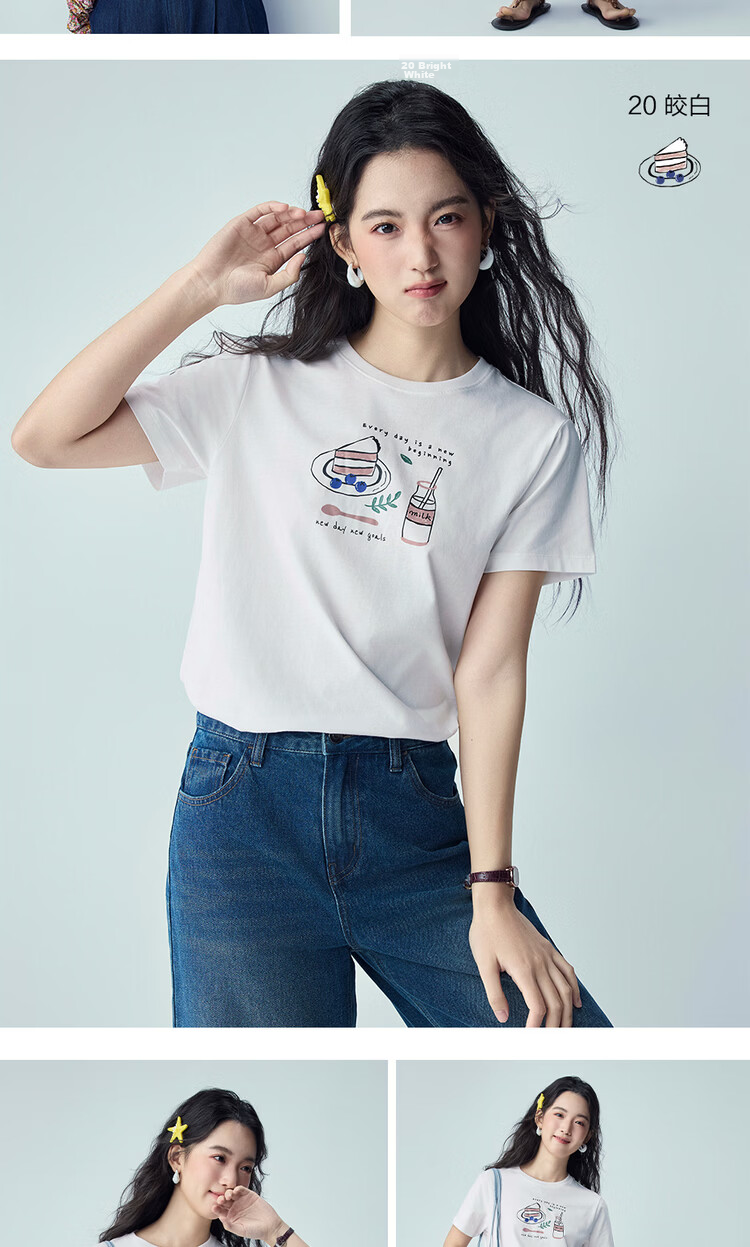Giordano Women's Short Sleeve T-Shirt New Pure Cotton Afternoon Tea Theme Printed Crew Neck Top 13396304 17