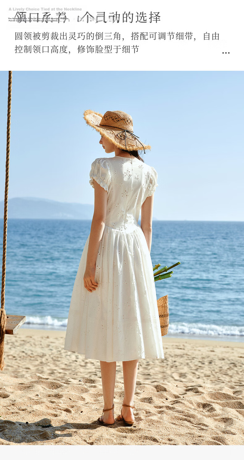 Olrain Eurielle French Embroidered New Summer White Waist-Tied Round Neck Puff Sleeve Dress White XL 11