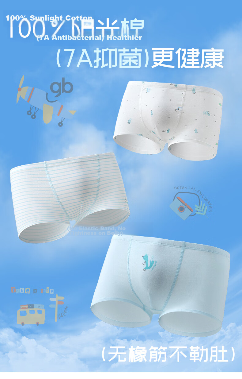 Gb Kids Boys' 10A Antibacterial Breathable Cotton Boxer Briefs Baby Underwear 3-Pack Starry Fun 120 2