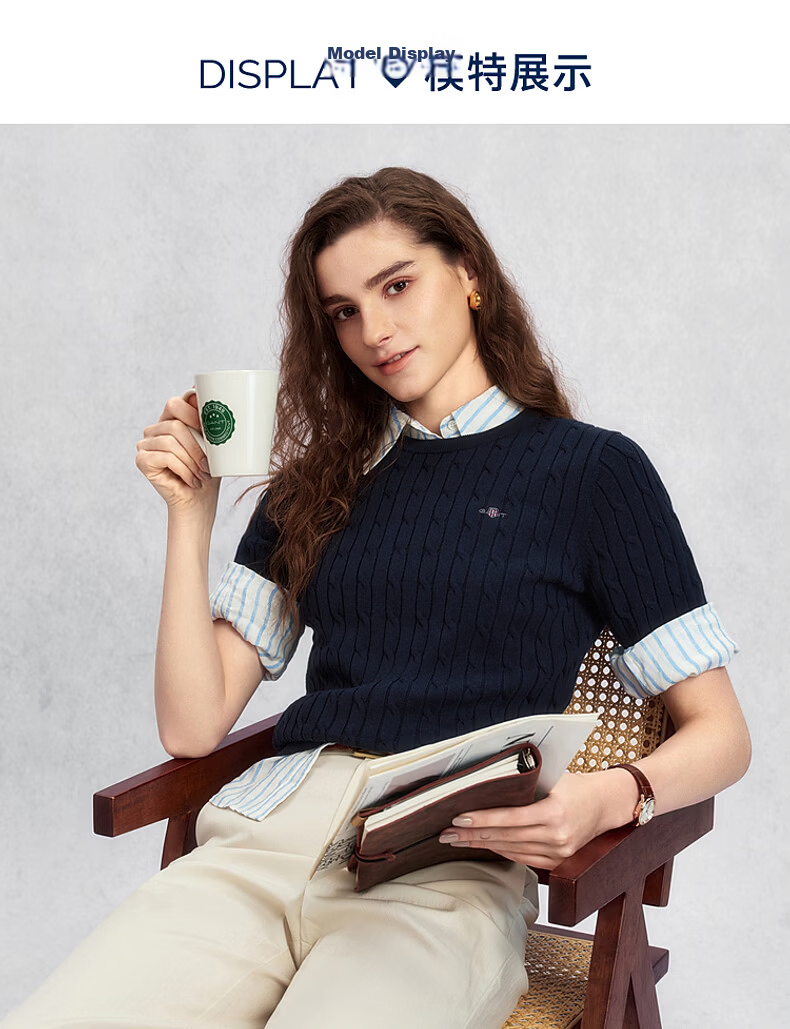 GANT Women's Spring Summer Slim Fit Round Neck Elegant Cable Knit Short Sleeve Sweater 115-White S 3