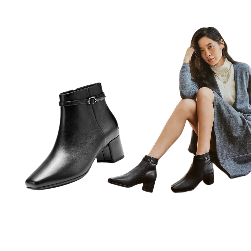 ECCO Winter New High-End Sheepskin Square Toe High Heel Fashion Women's Boots Model 290983 Black Size 37