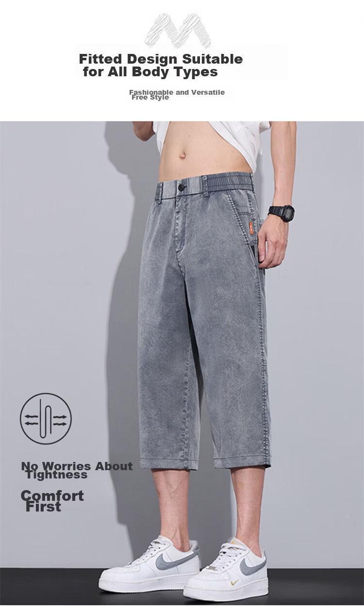 MARK FAIRWHALE Men's Denim Shorts, Summer Straight-Leg Ice Silk Pants, Trendy Seven-Point Casual Trousers for Men, Black, Size 31 5