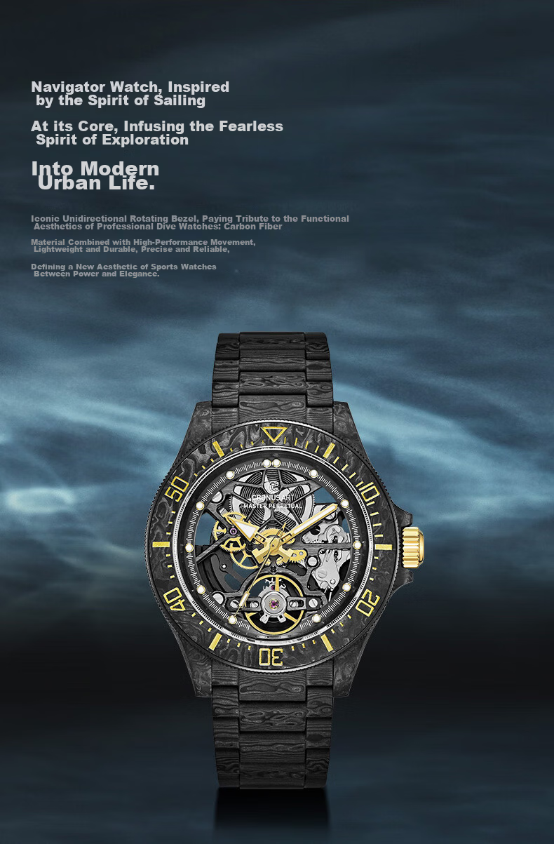 CRONUSART Kluos Full Carbon Fiber Men's Automatic Mechanical Watch Business Hollow Luminous Wristwatch 2