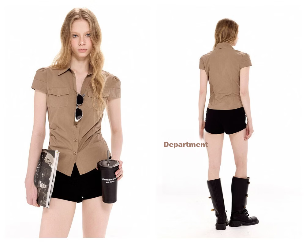 ICH MODE Pleated Waist-Tie Short Sleeve Shirt Women Summer New Slim Fit Pocket Blouse Waist-Cinching Shirt Jacket Blue S 16
