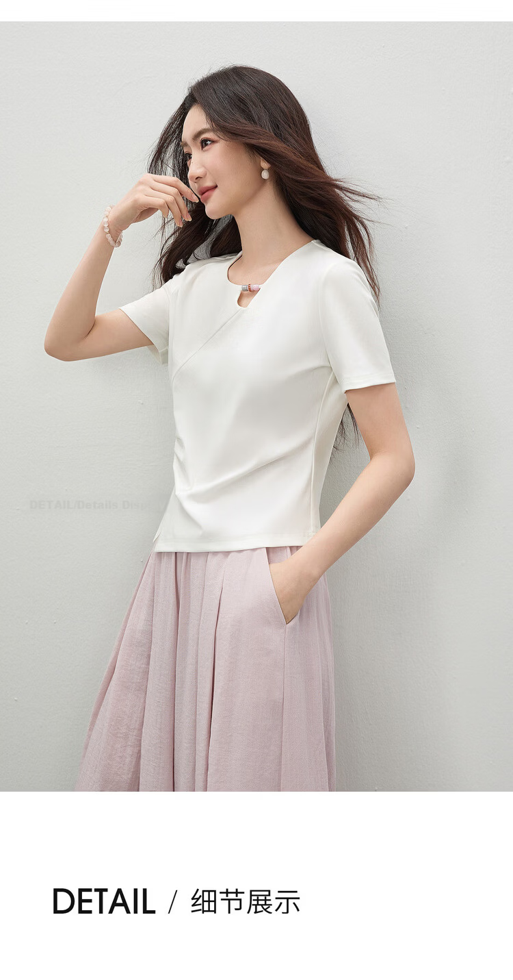 Shangdu Bila Cool Feeling Lyocell Cotton Women's T-Shirt Spring Summer Hollow Beaded Round Neck Elegant Top Curved Split Pleats Women's Wear 18