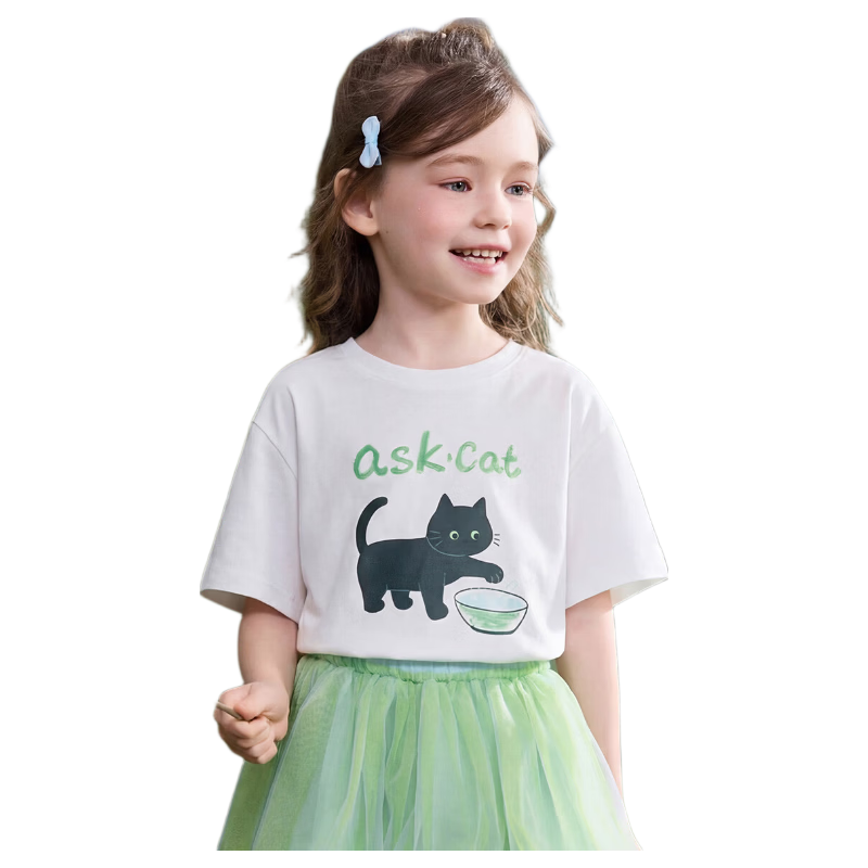 ASK JUNIOR 【7A Antibacterial】2026 Summer Kids Short Sleeve Unisex Breathable Printed T-Shirt White Size 90